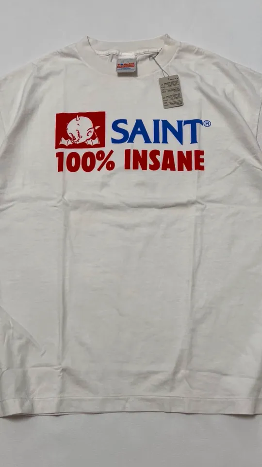 SAINT Mxxxxxx INSANE SS TEE/WHT Little Devil Angel TEE 100% INSANE slogan printed short sleeves off-white S-XL tube-woven fabric without side seams OE yarn original same weight correct version original main mark/wash mark/little angel security code original development no touch printing